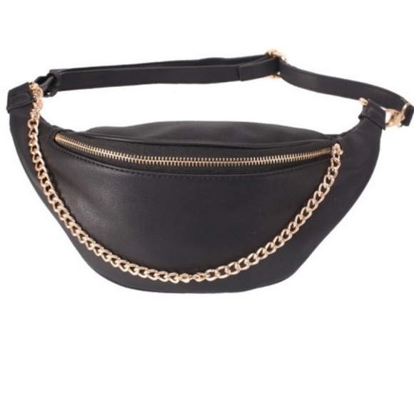 black fanny pack with gold chain